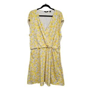 Lands End 2X Yellow Lemon Print Dress Twist Front Faux Wrap Euro‎ Summer Knit